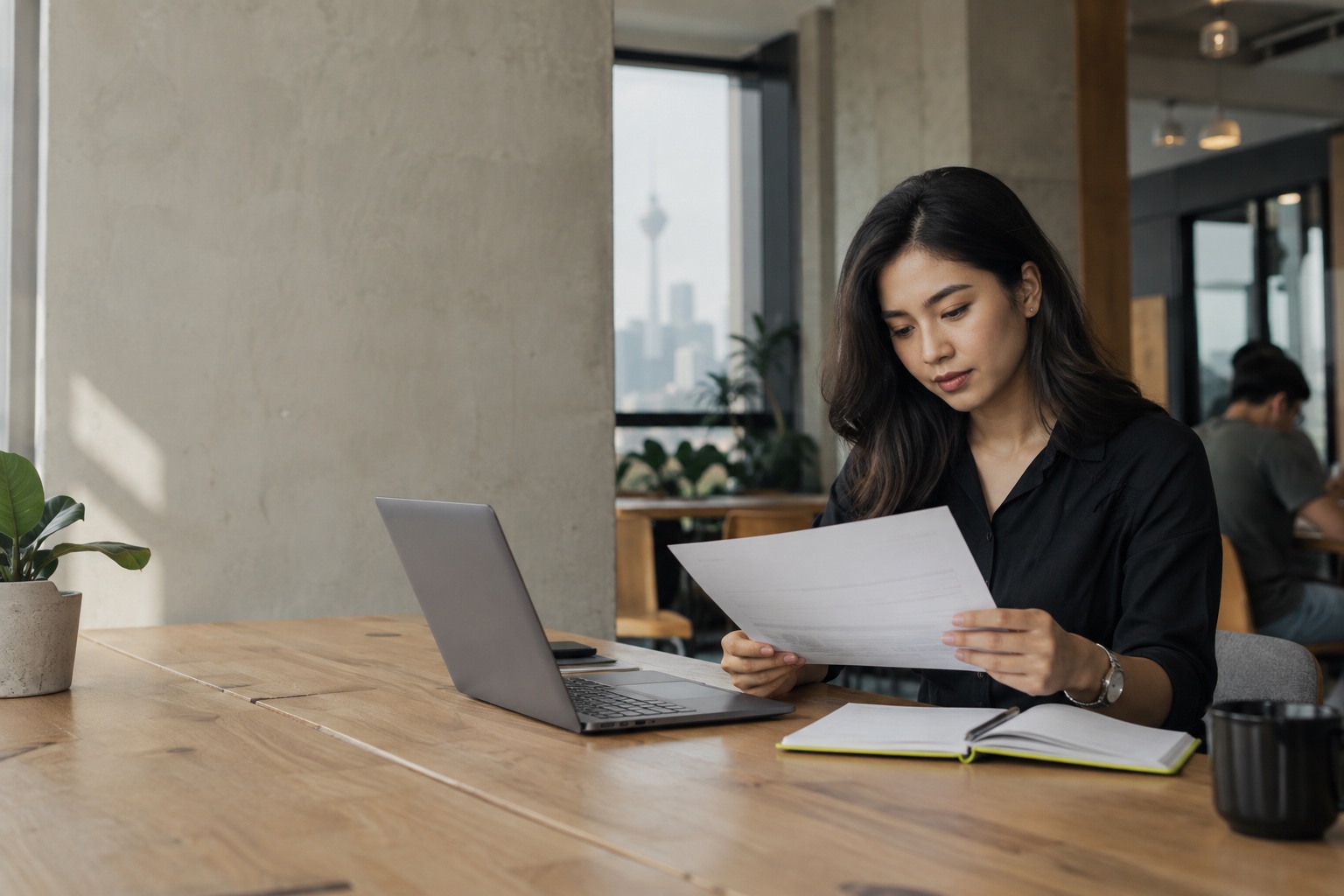 A professional reviewing her CV beside a laptop