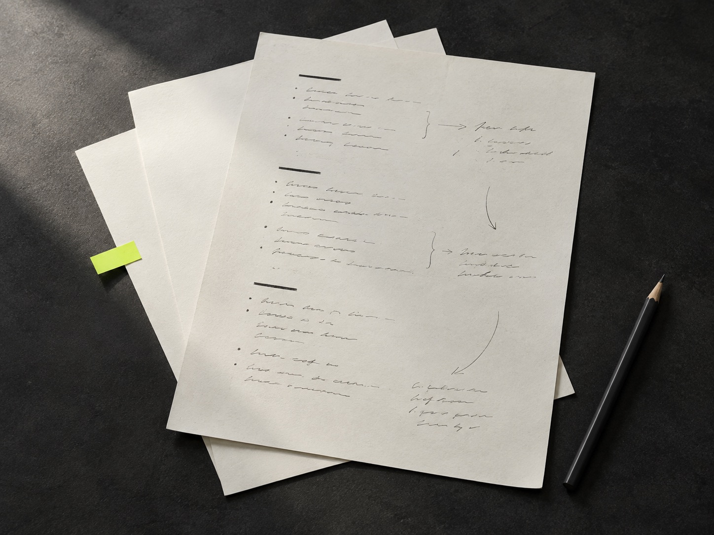 Draft CV notes, paper and a pencil on a charcoal desk