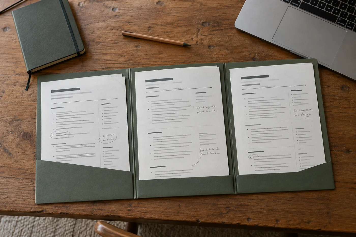 Three CV drafts organised together in a green document folder on a wooden desk
