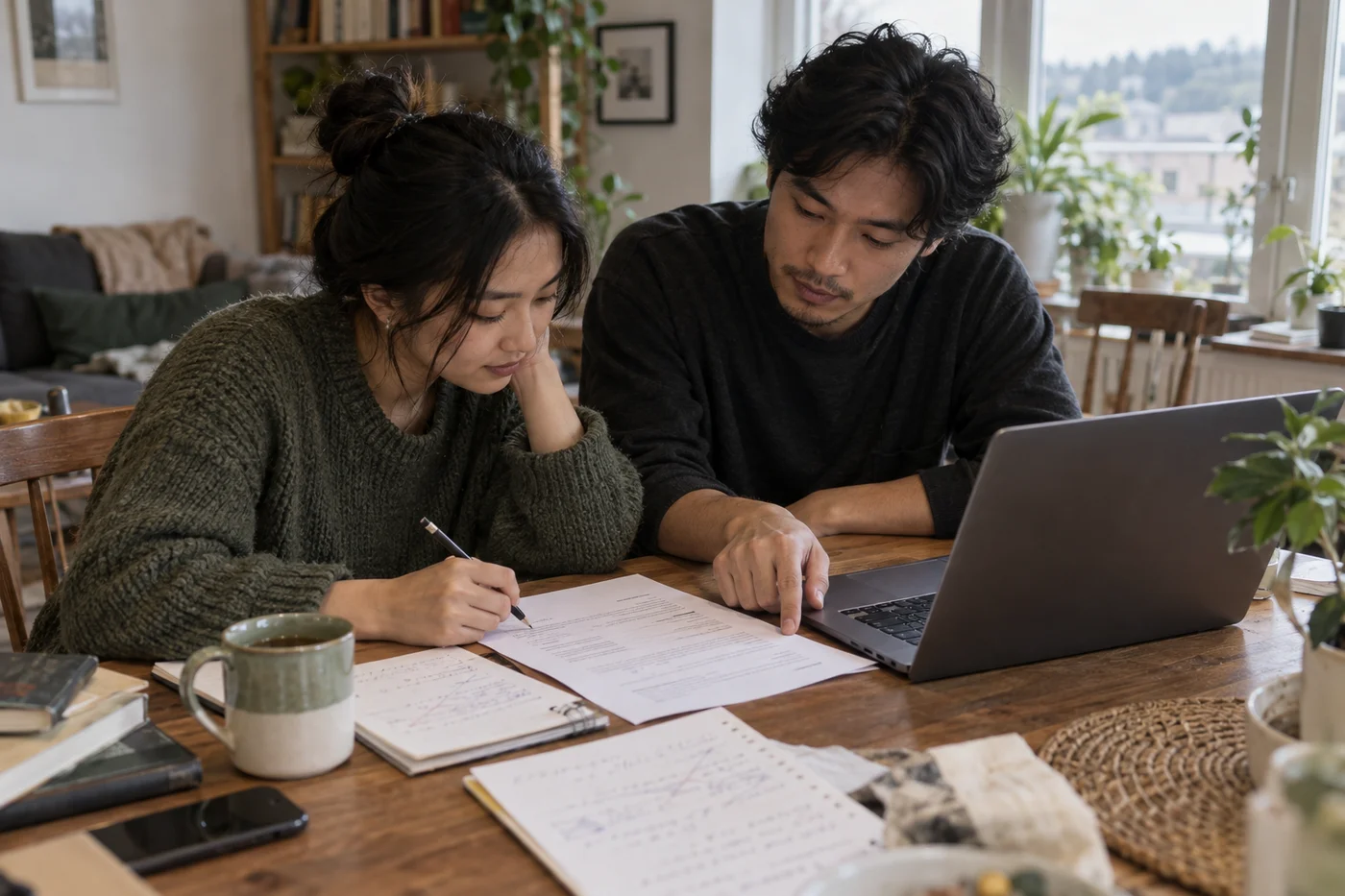Two people making notes on a resume together at a home table