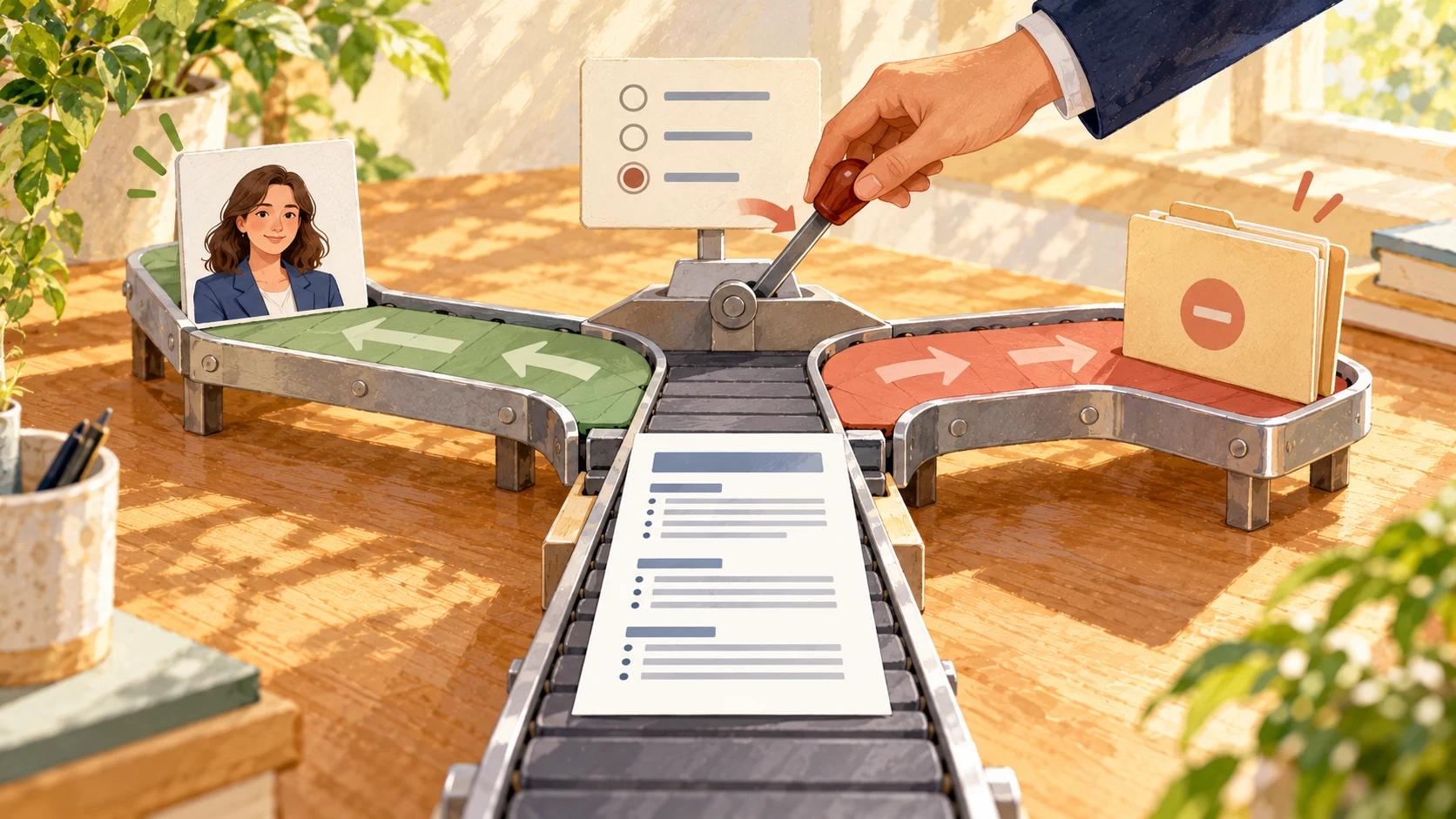 A resume approaches a conveyor junction where an employer controlled screening rule directs it either to a human recruiter or a closed application folder