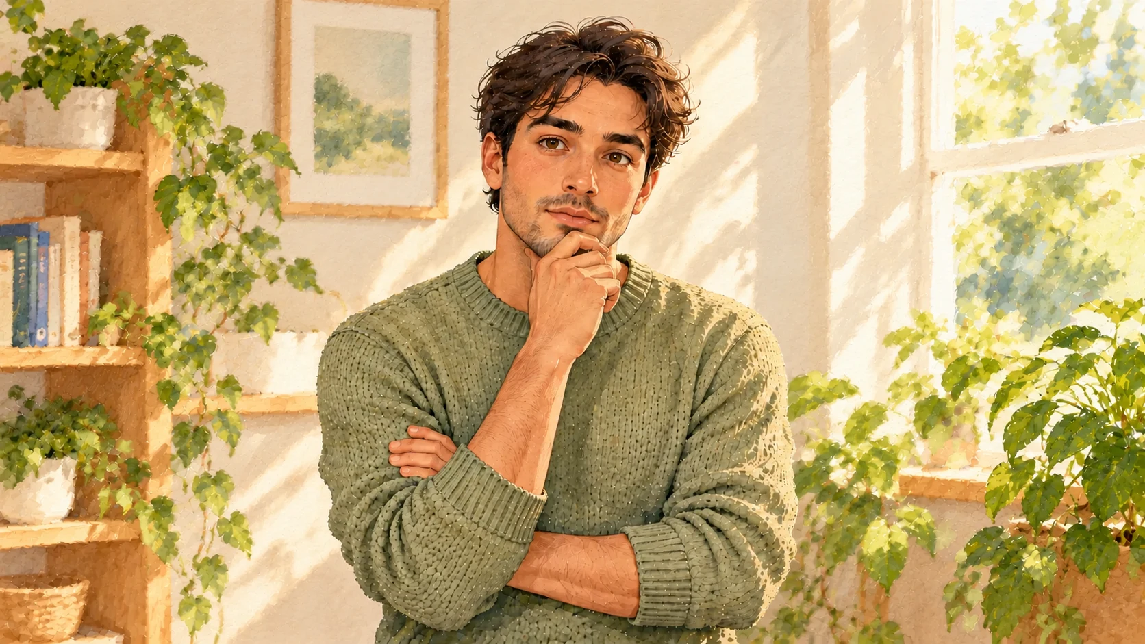 A thoughtful man faces the reader with one hand at his chin and his other arm folded in the same warm room shown in the feature image