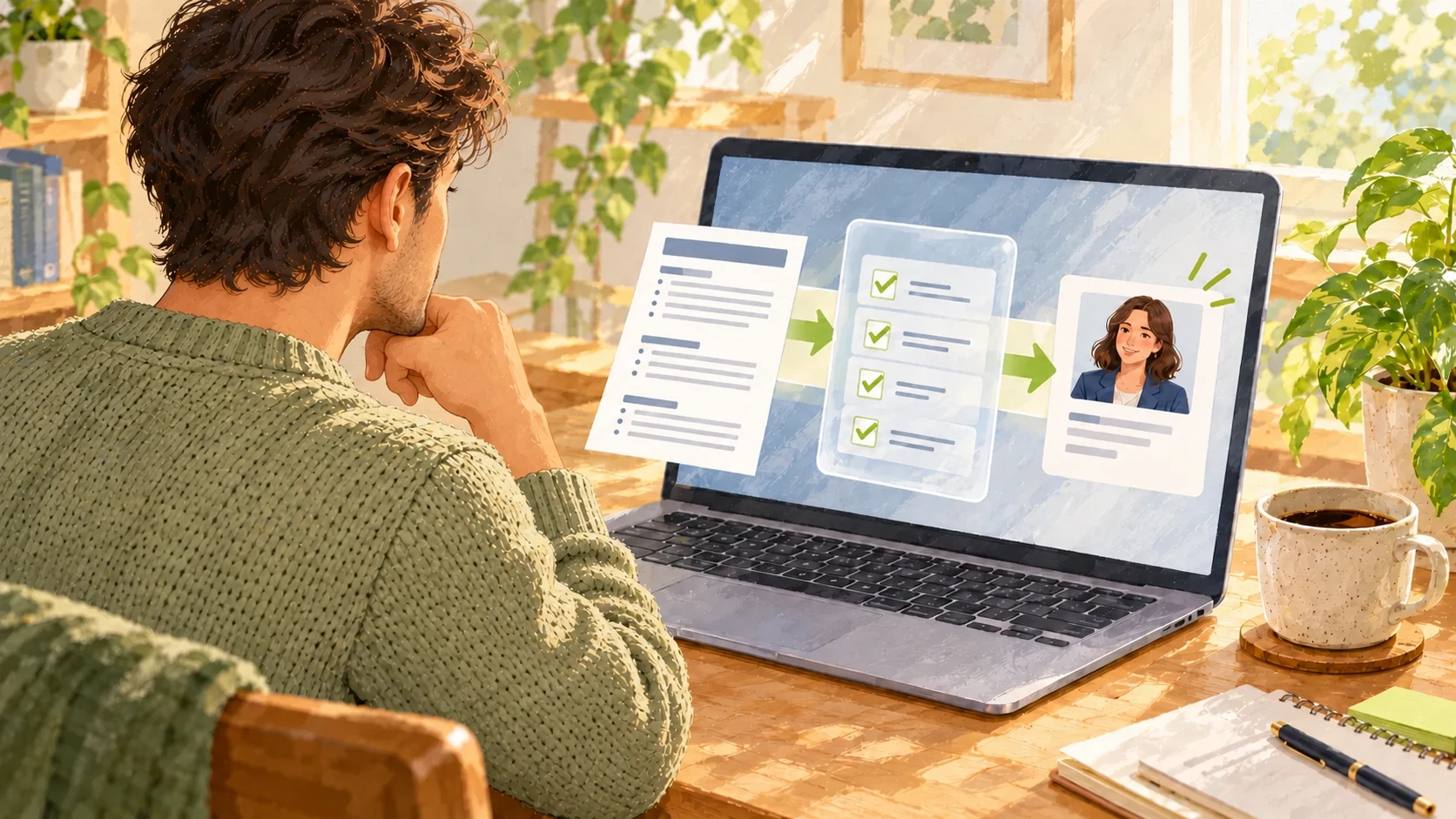 A man watches his neatly structured resume pass through applicant screening checks before reaching a human recruiter