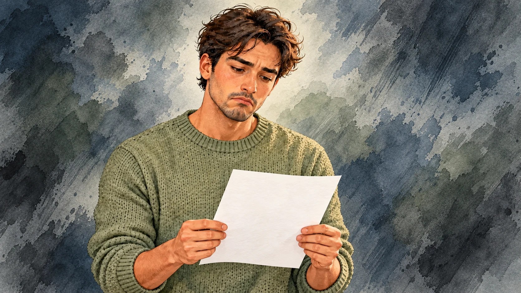 A disappointed man reads a blank resume against a dark blue and grey watercolor background