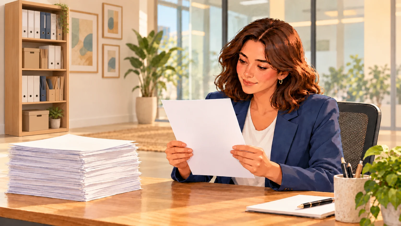 A recruiter in a professional office reads a blank resume beside a large pile of applications