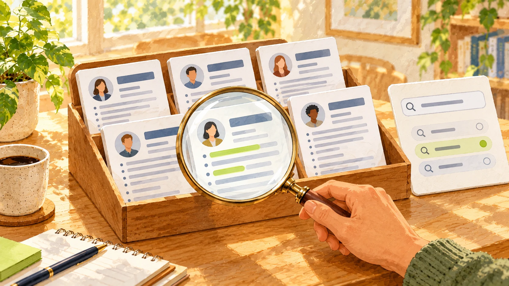 A recruiter searches a collection of resumes and highlights relevant experience with a magnifying glass
