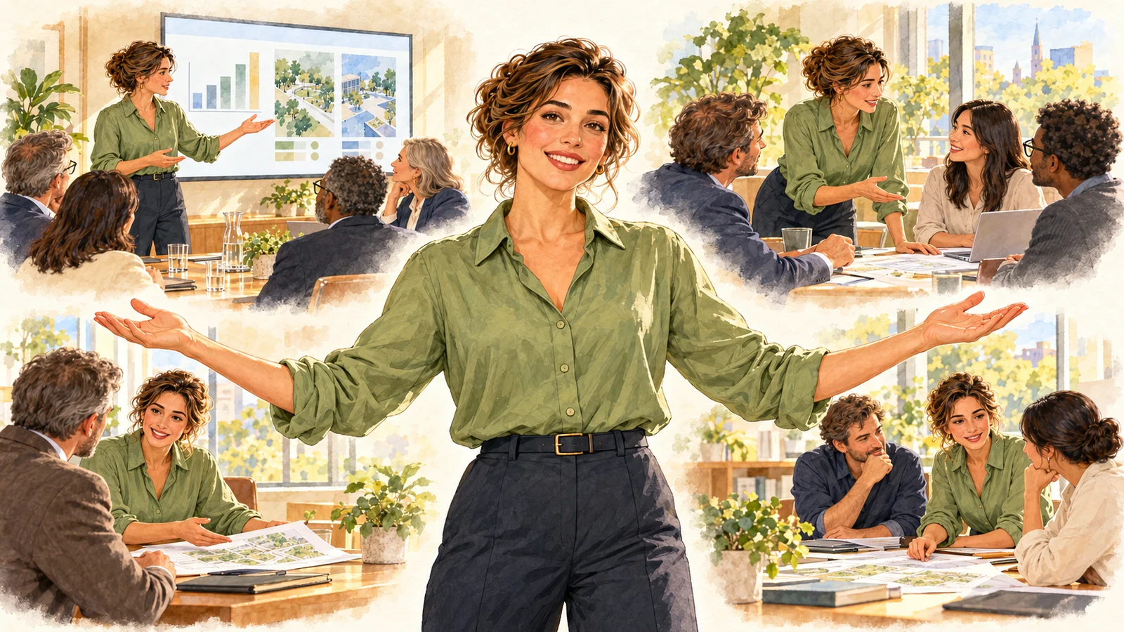 A smiling woman opens her arms toward the viewer, surrounded by scenes of presenting, advising a client, leading a meeting and discussing work with teammates.