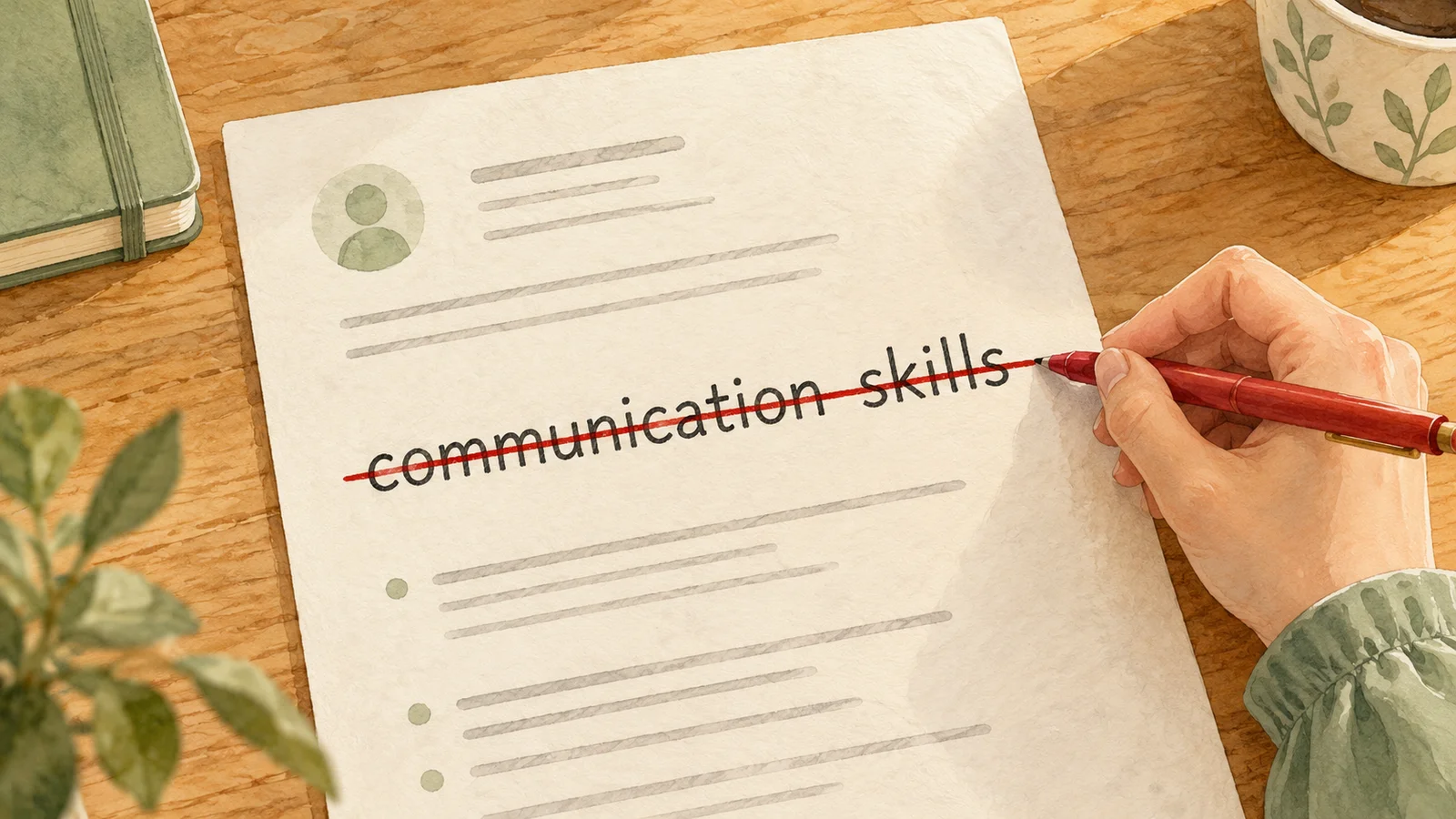 A hand crosses out the words “communication skills” on a CV with a red pen.