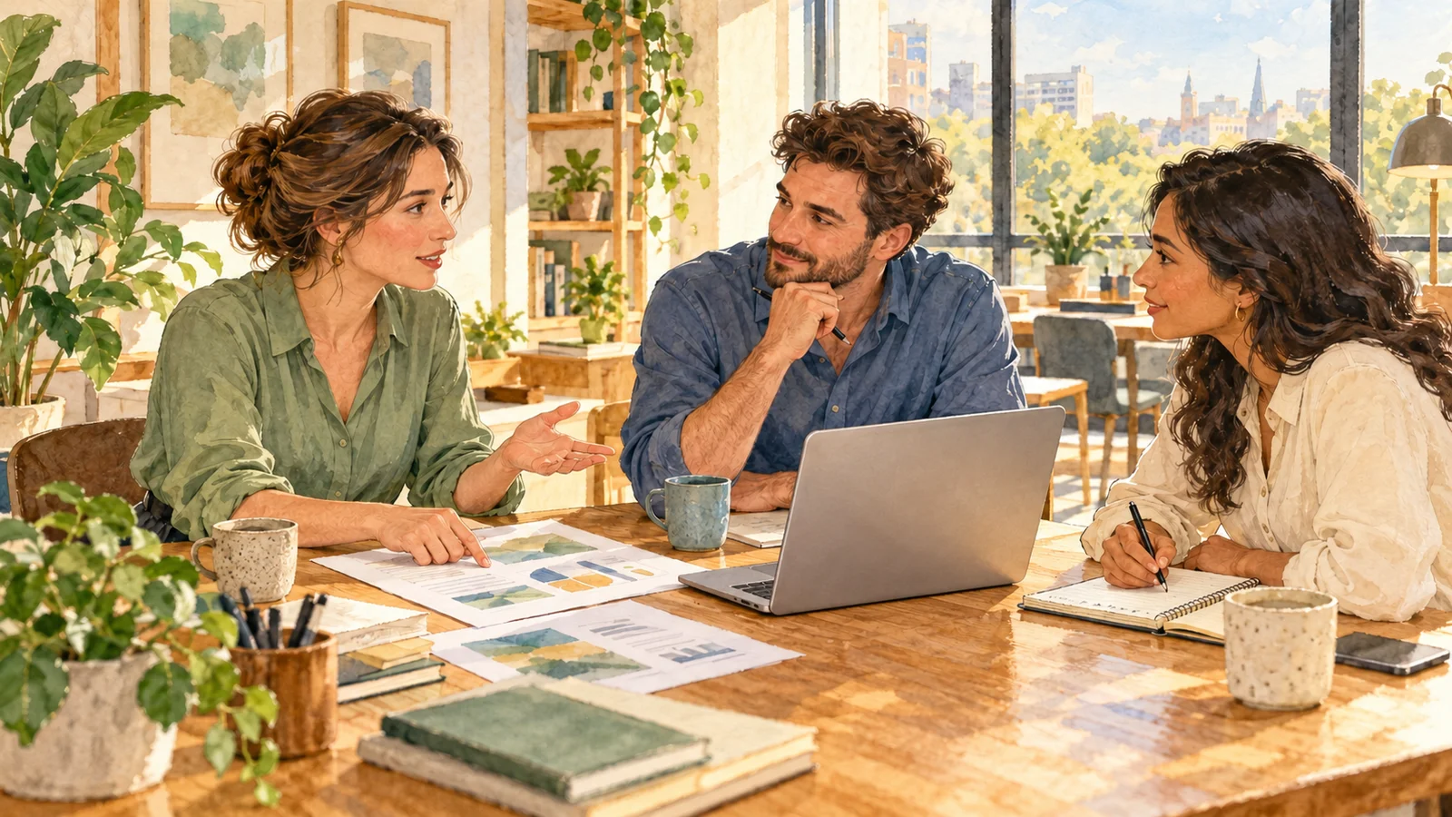 Three colleagues discuss project documents around a table, with a laptop facing the two listeners.