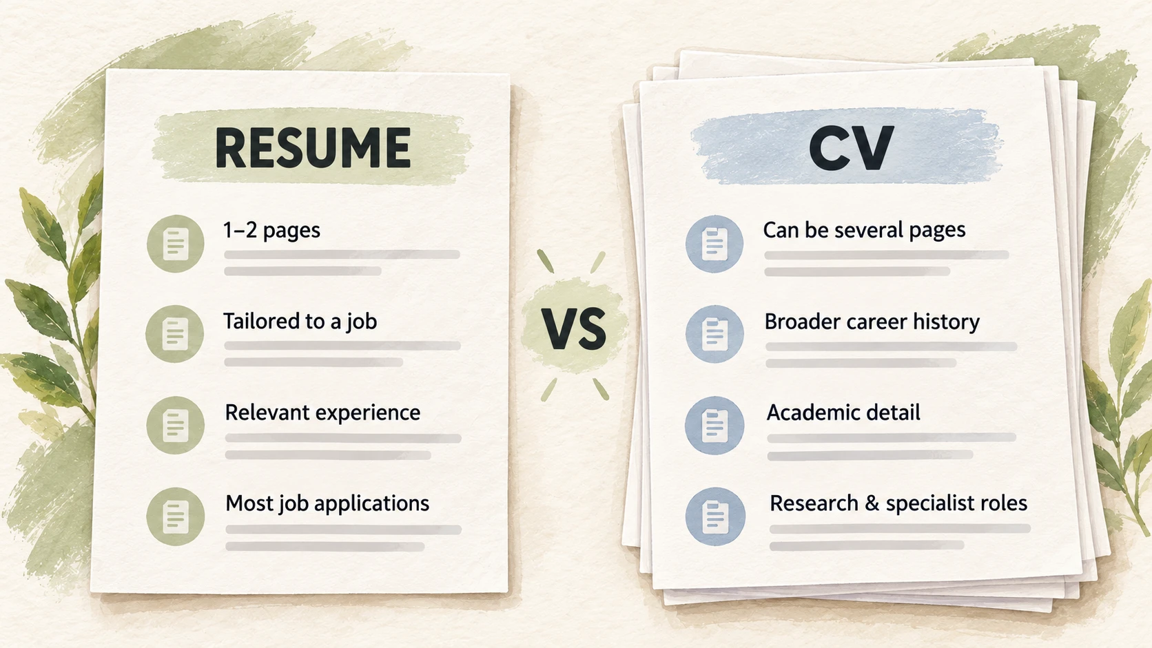 Comparison of a resume and a traditional CV showing differences in length, focus, detail, and typical use