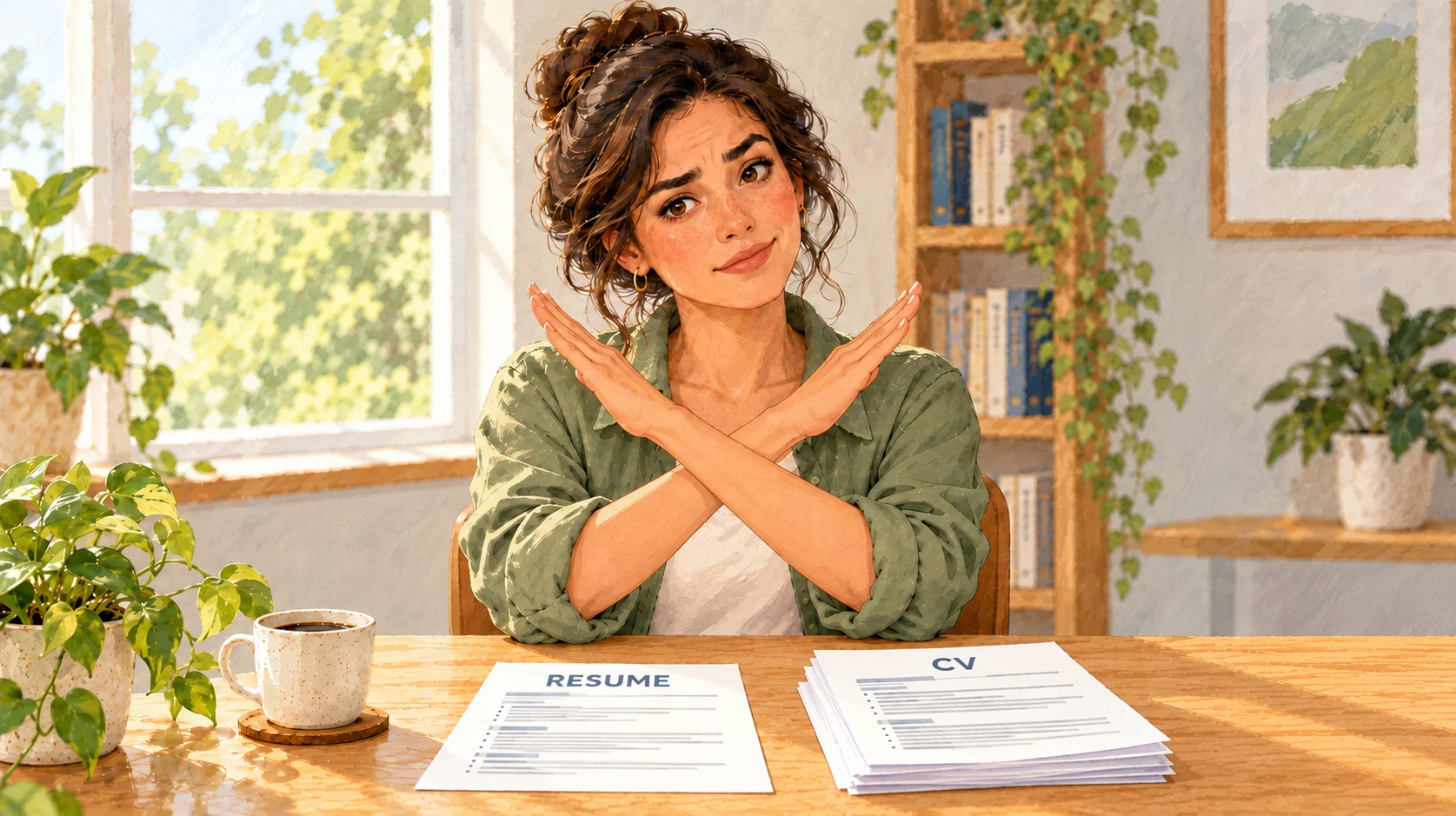 A woman crosses her forearms to form an X above a one-page resume and a multi-page CV