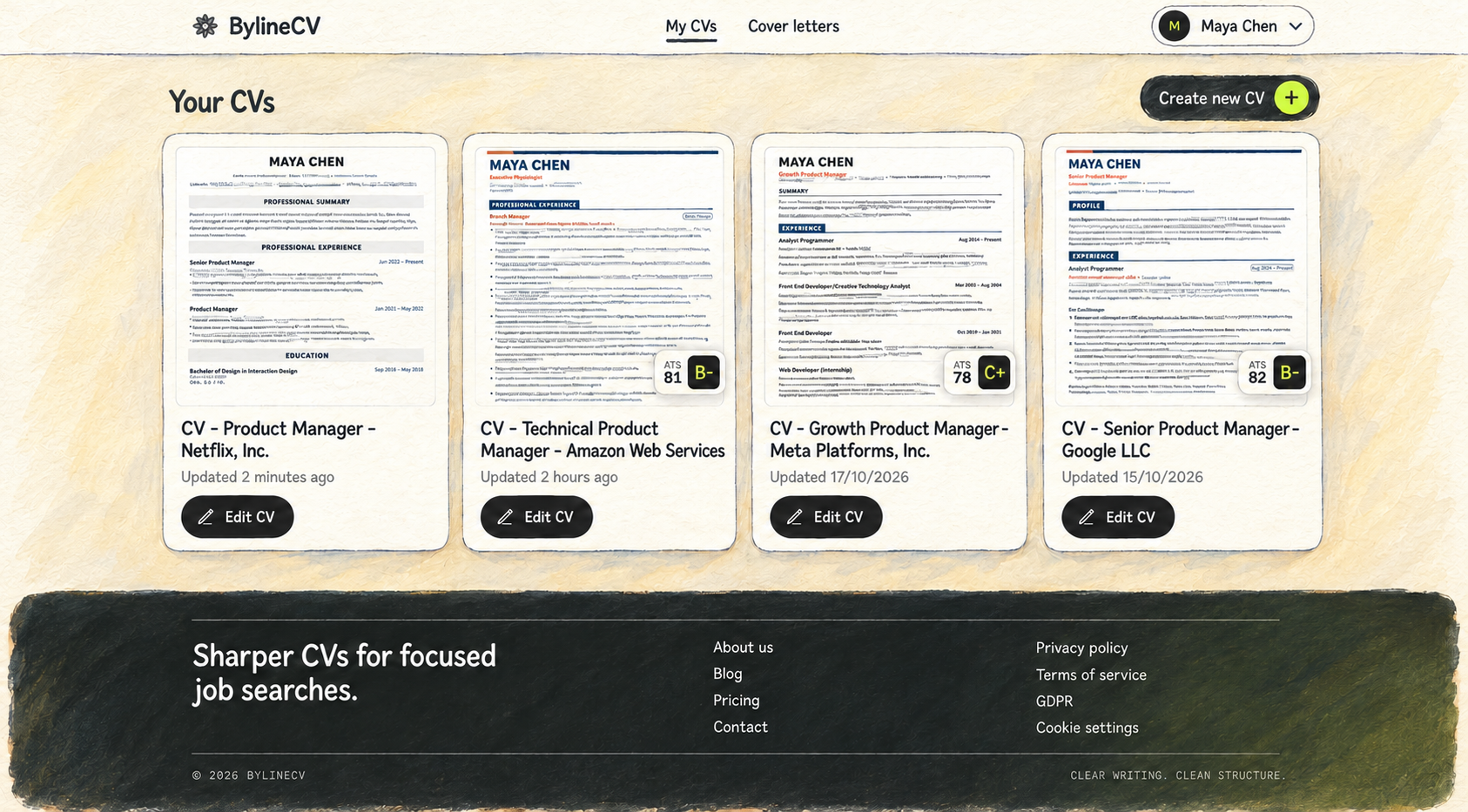 BylineCV dashboard containing multiple tailored CVs for Maya Chen