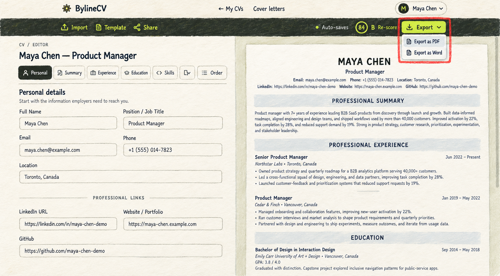 BylineCV export menu highlighted with PDF and Word download options