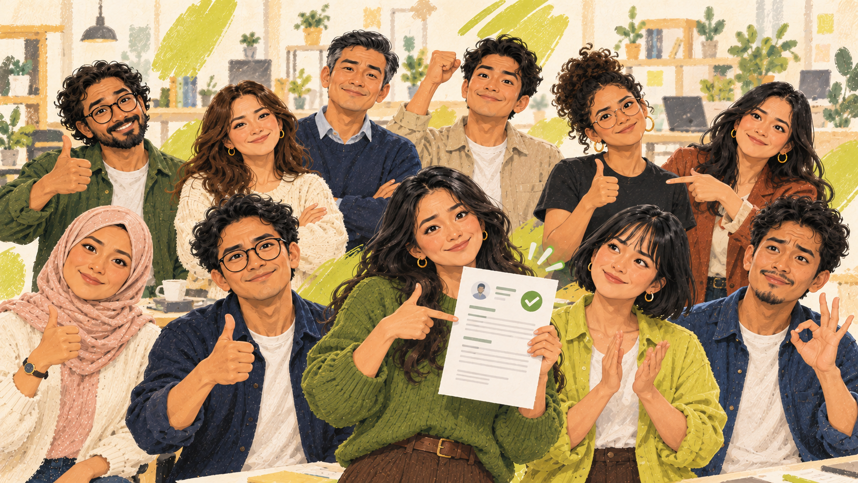 A diverse group of job seekers celebrate a focused CV with positive gestures