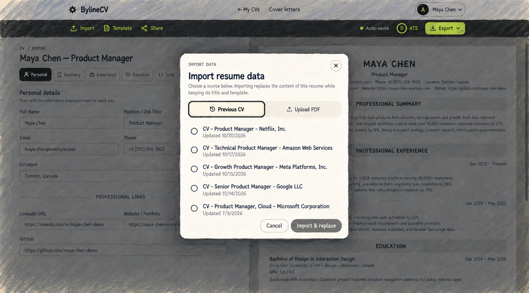 BylineCV import dialog listing previous CVs that can be reused