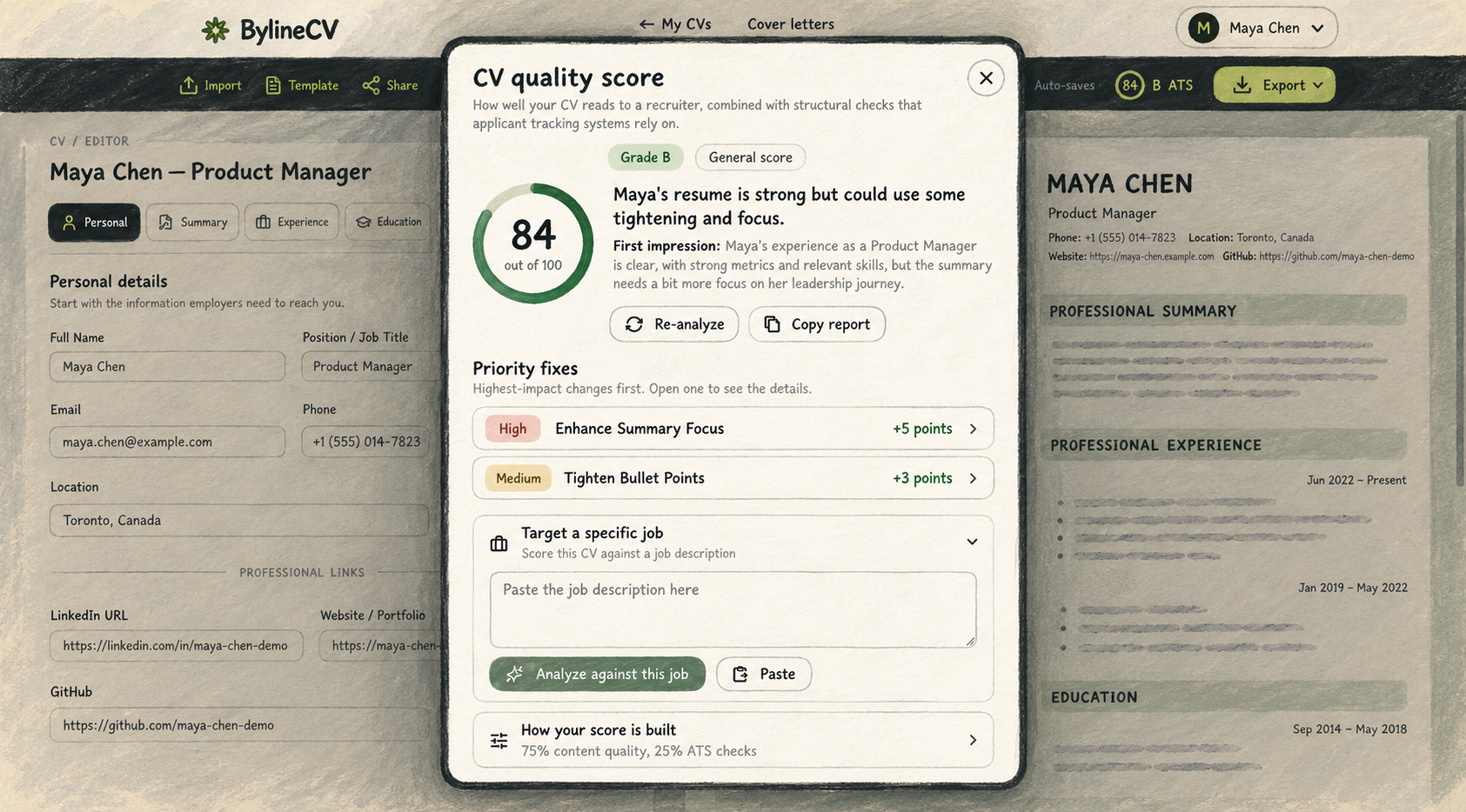 BylineCV quality report showing a CV score of 84 and focused improvements