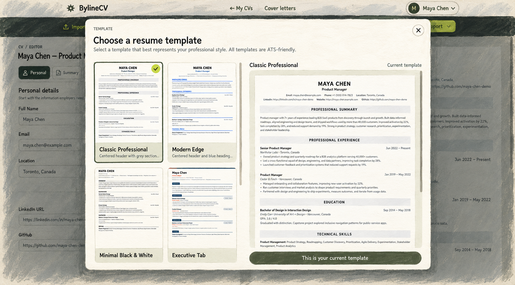 BylineCV template chooser showing four resume designs and a live preview