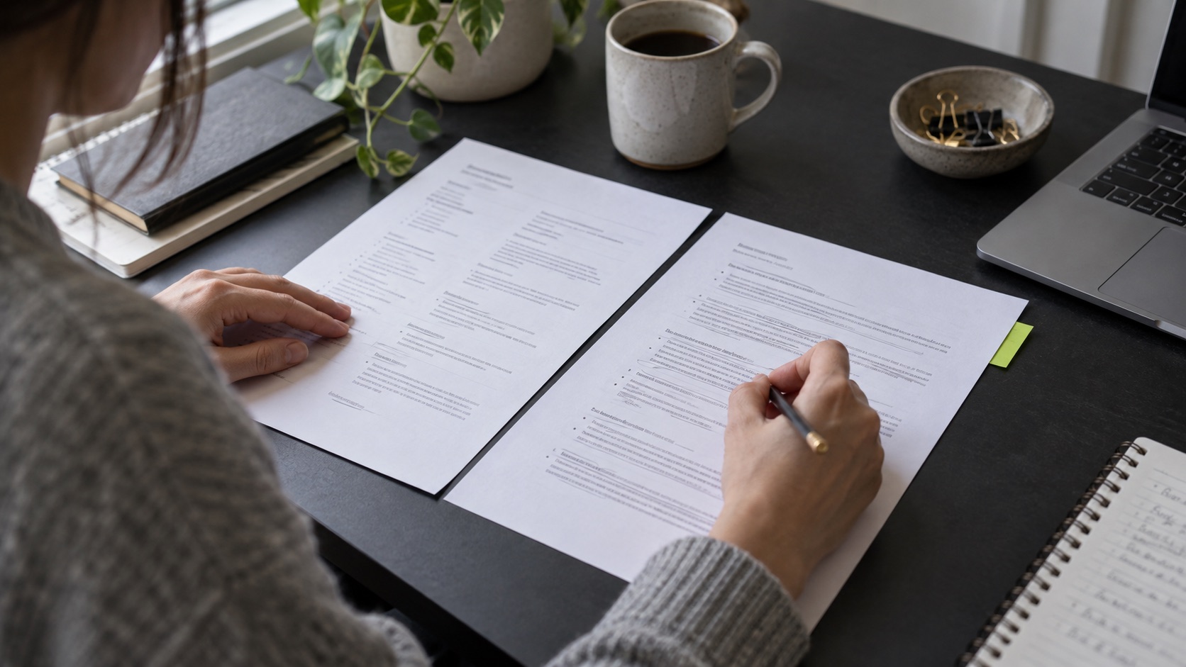 A person compares a CV and job description at a desk