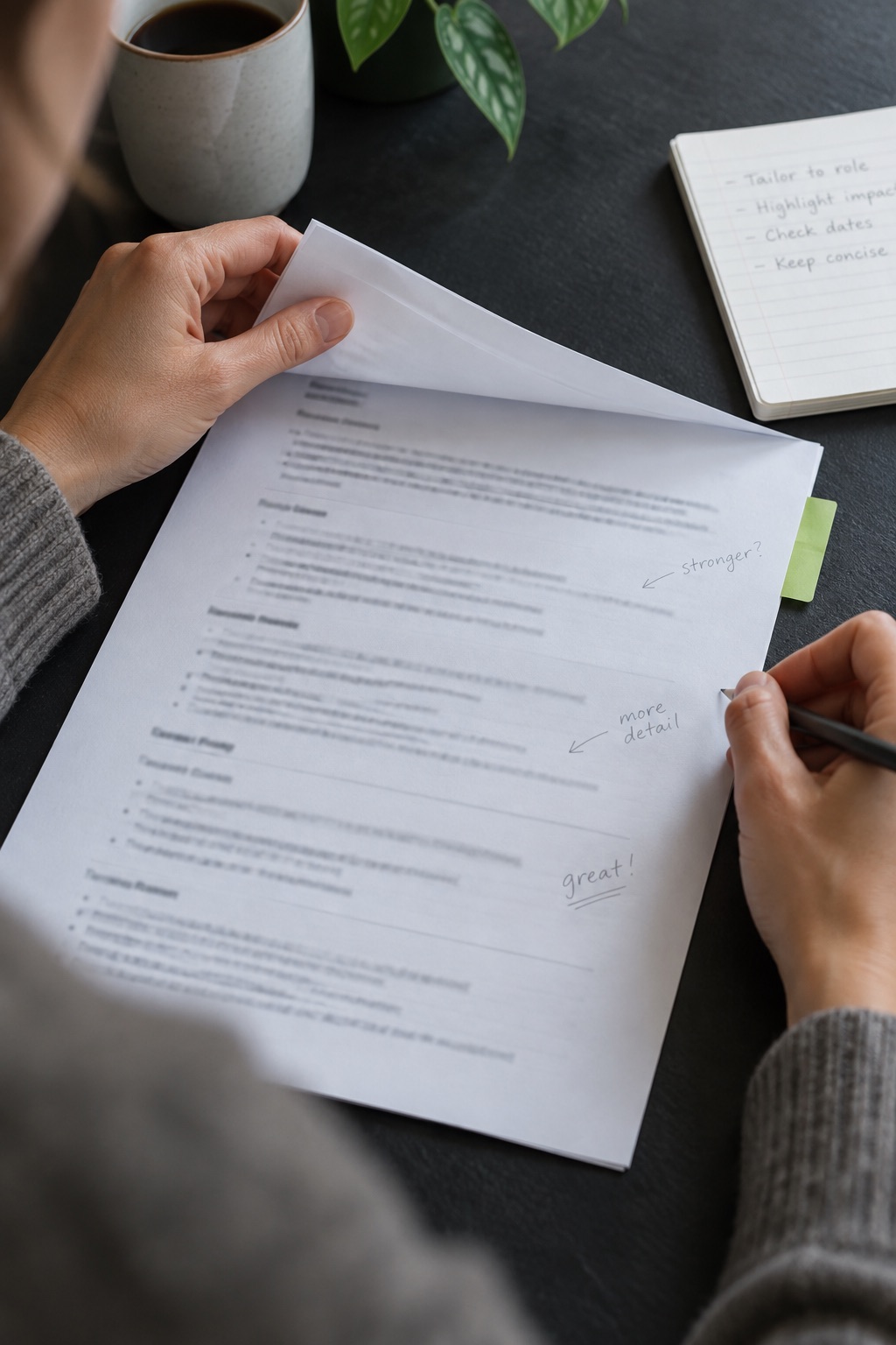 A person reviews pencil edits on a printed CV