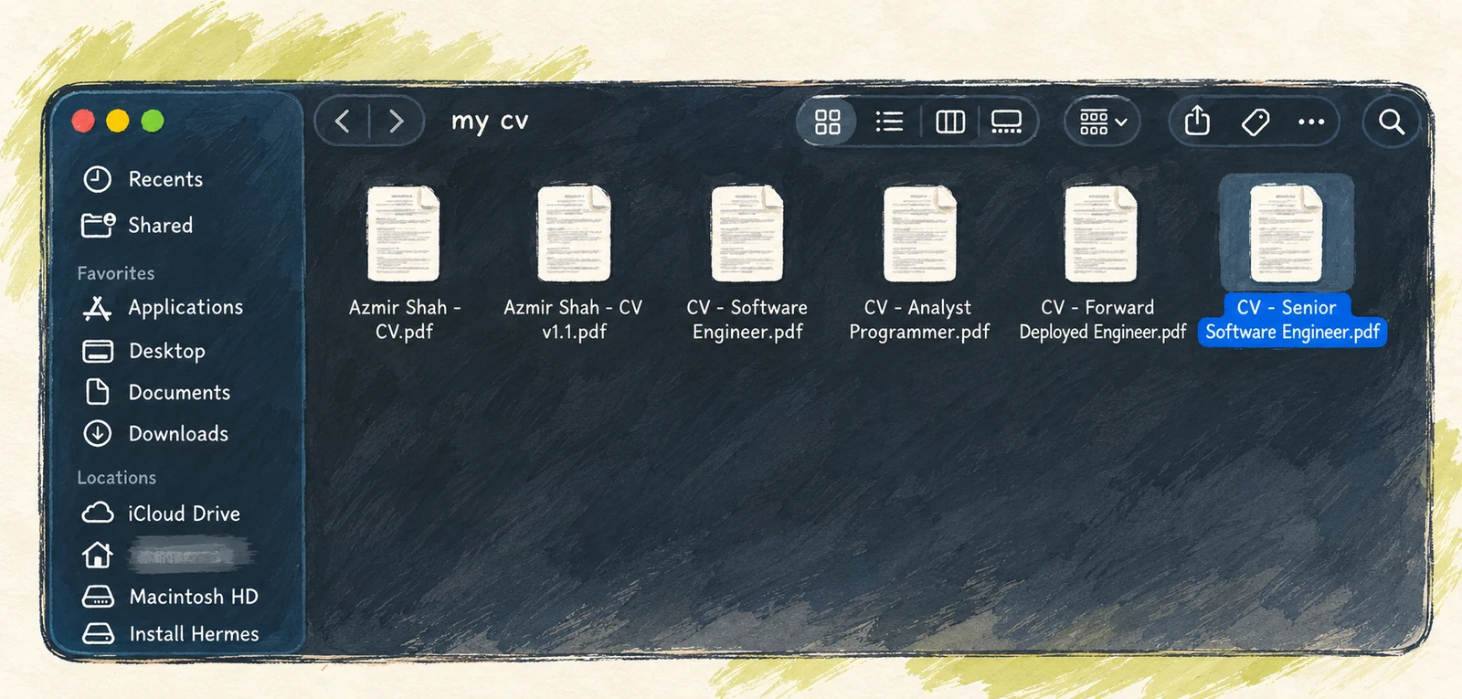 Illustrated Finder window showing six differently named CV files, with the final file selected