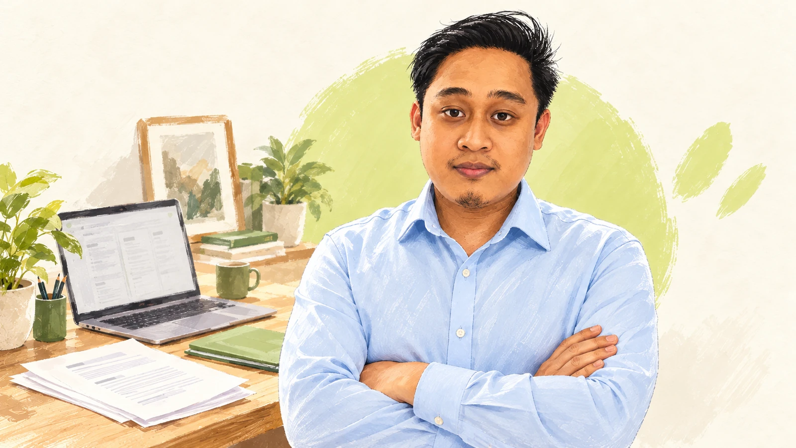 Illustration of BylineCV founder Azmir Shah standing with his arms crossed beside a workspace with CV drafts and a laptop