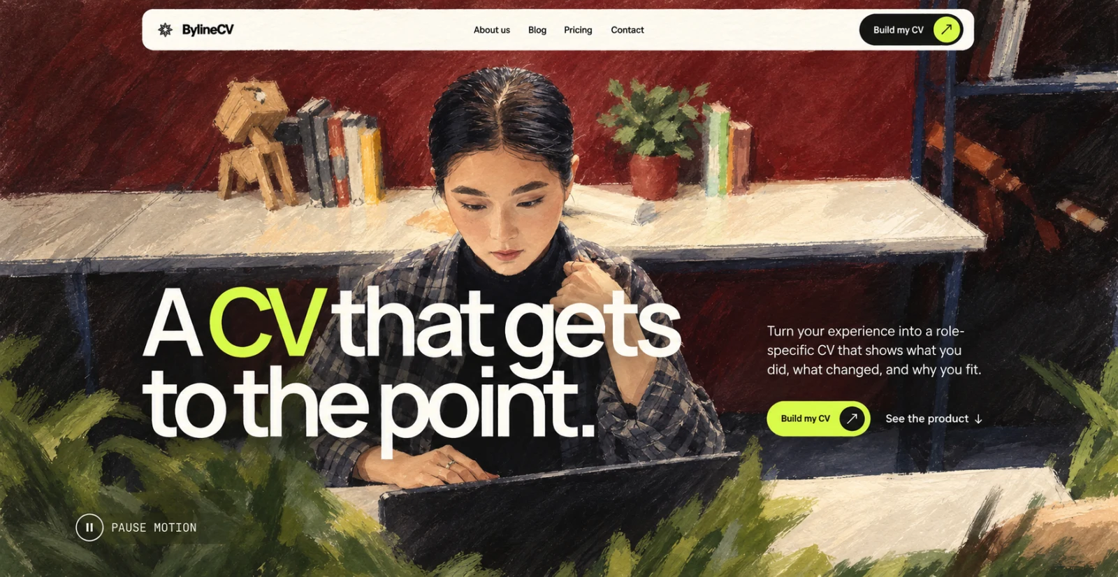 Watercolour cartoon of the BylineCV landing page with the message A CV that gets to the point